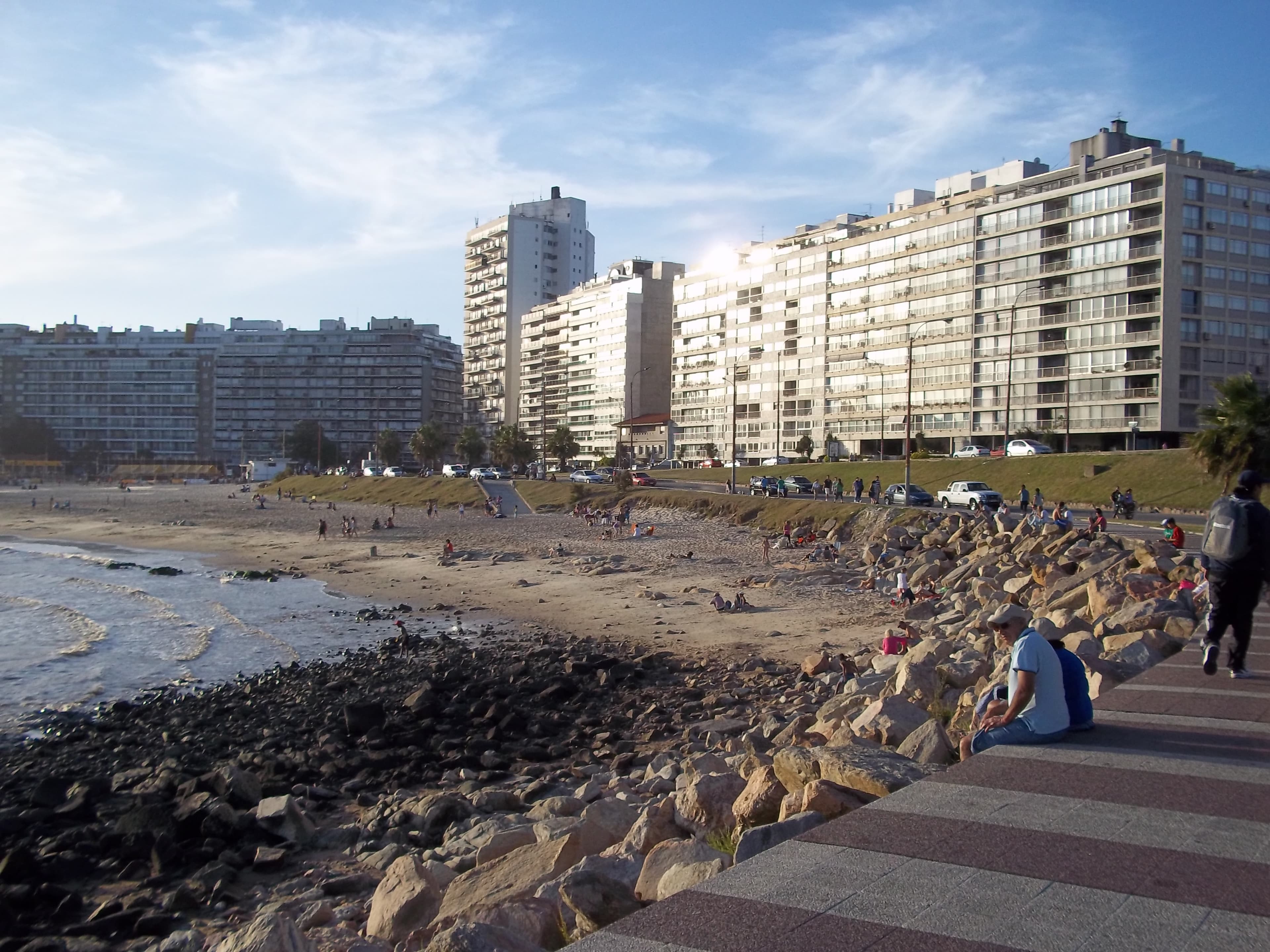 Montevideo Rambla and waterfront at sunset.