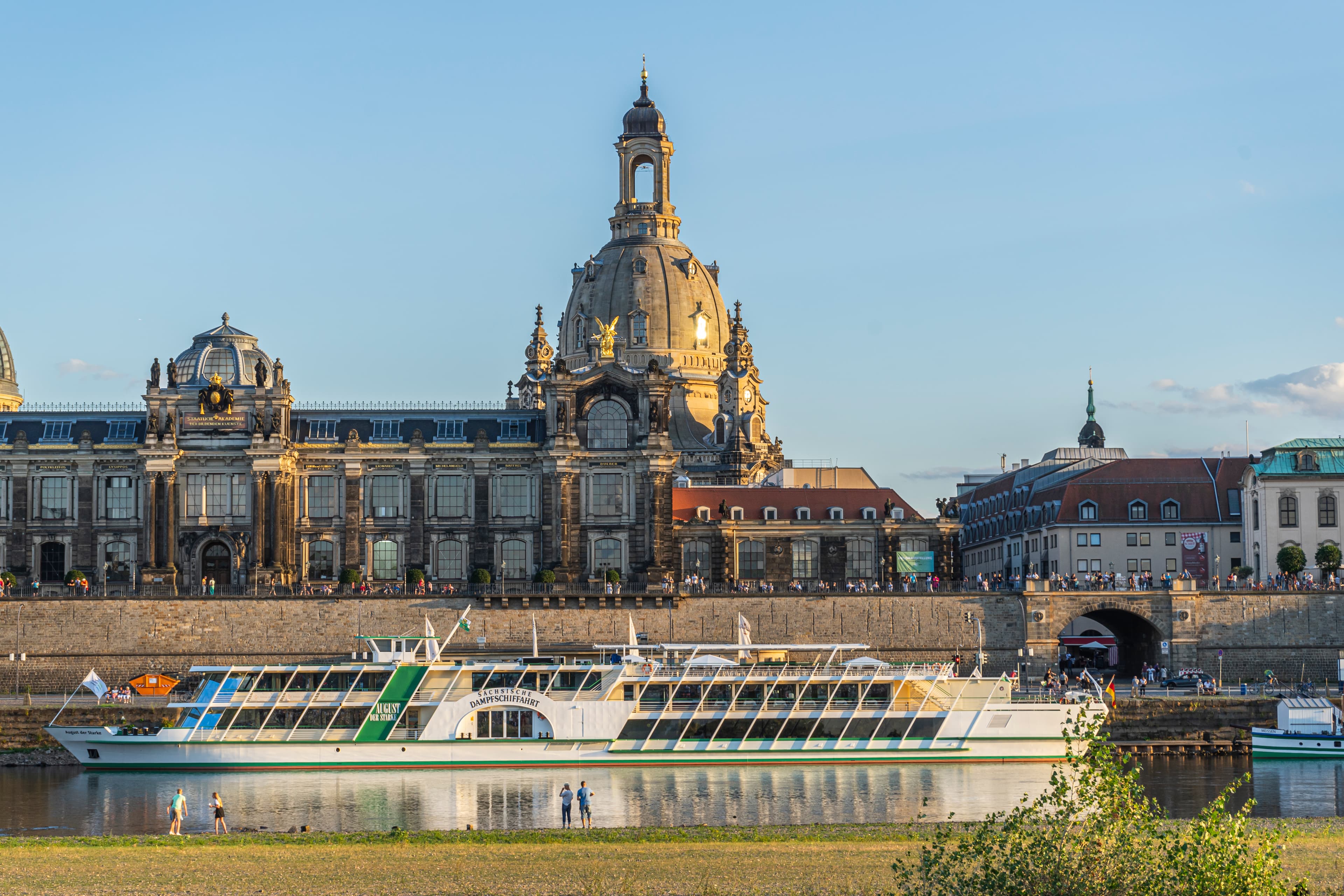 Dresden Frauenkirche and historic skyline from the Elbe.